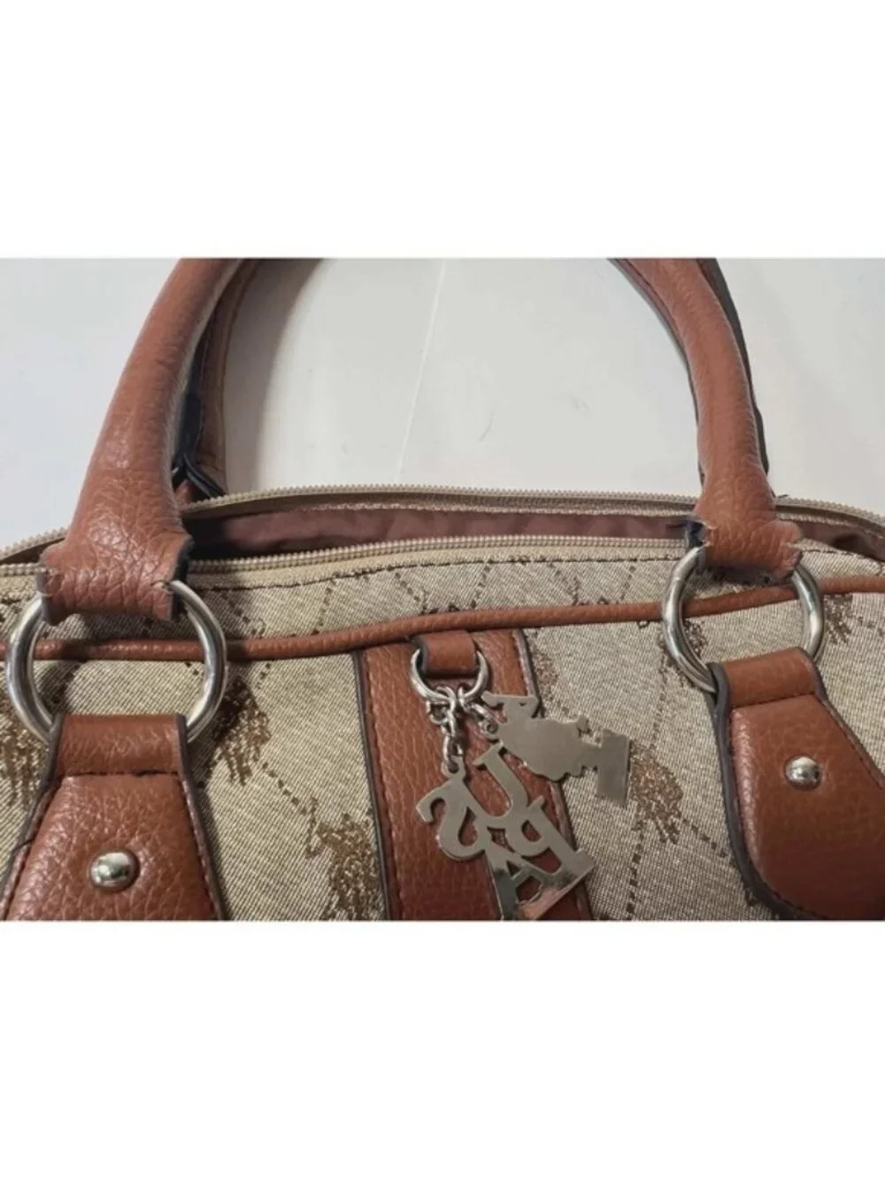 US Polo Assn Monogram Satchel Handbag Brown Canvas Faux Leather Horse Print Logo - Picture 2 of 13